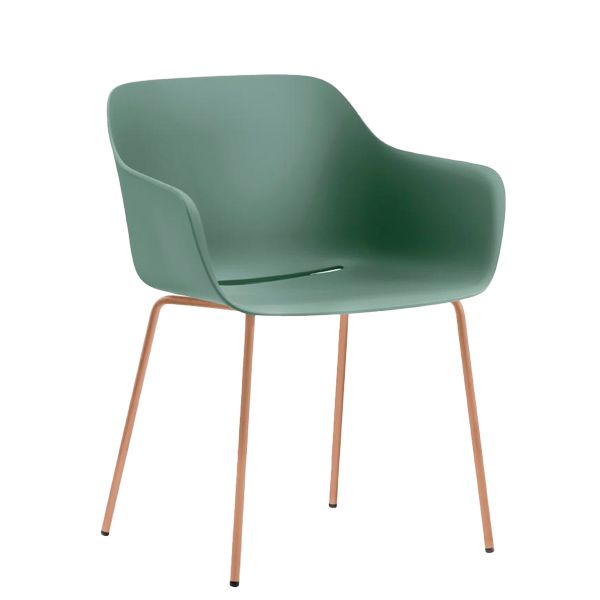 Sillón con carcasa amplia de polipropileno moldeado y armazón en tubo de acero Ø 16mm.