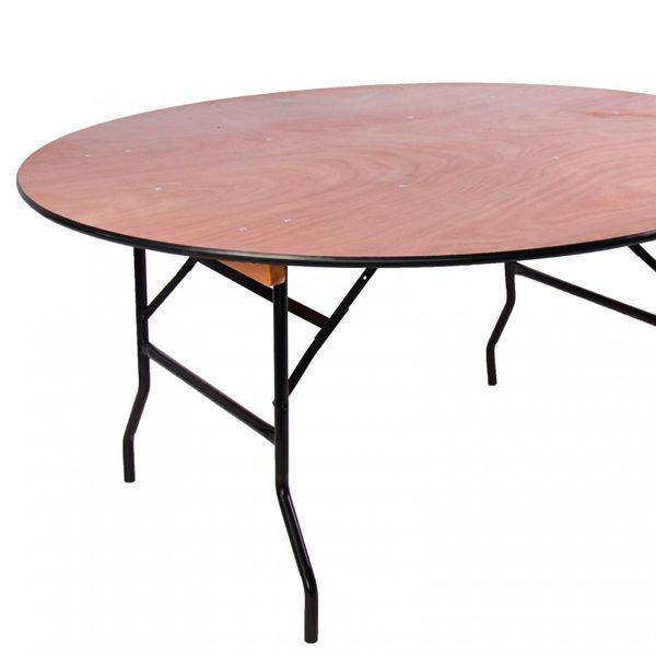 Mesa plegable estructura en acero lacado en negro con tablero en madera contrachapada con canto en pvc negro. Disponible en dos medidas de tablero: Ø152cm y Ø183cm.