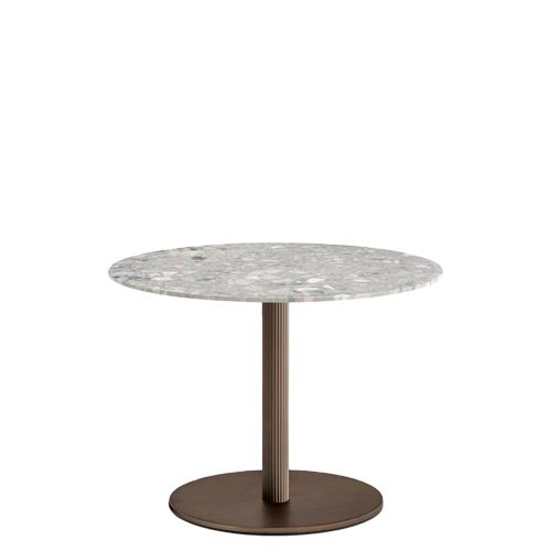 Pie de mesa bajo con base redonda de fundición o acero Ø45 cm y columna de aluminio extruido de Ø6 cm disponible en diferentes acabados a elegir. Disponible en dos alturas: 36 cm y 50 cm.