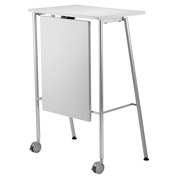 Mesa alta apilable estructura metálica en diferentes acabados con ruedas delanteras y tablero en madera con diferentes acabados