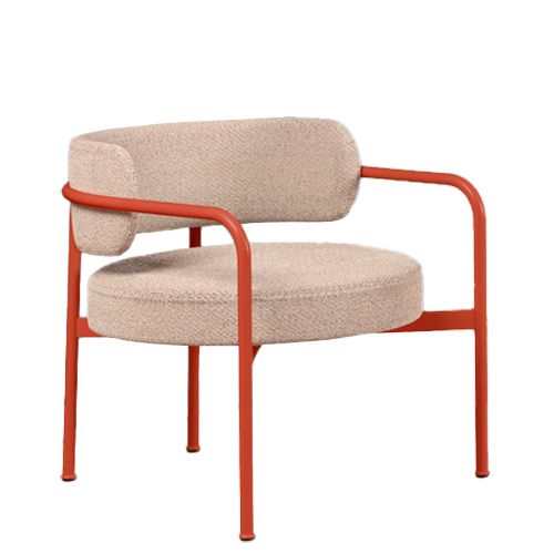 Sillón bajo tapizado estilo moderno y minimalista para restaurantes y hoteles. Asiento y respaldo tapizado con formas redondeadas y suaves para proyectos de hostelería.