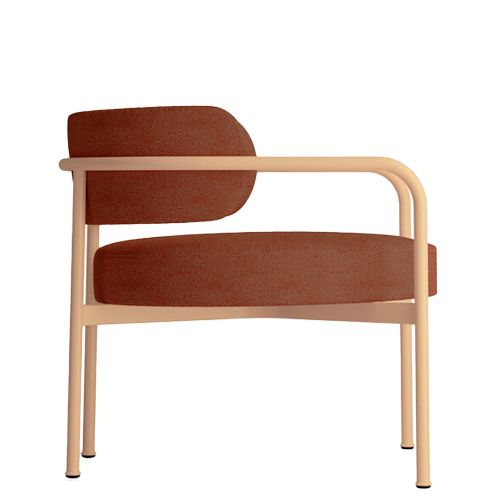Sillón bajo tapizado estilo moderno y minimalista para restaurantes y hoteles. Asiento y respaldo tapizado con formas redondeadas y suaves para proyectos de hostelería.