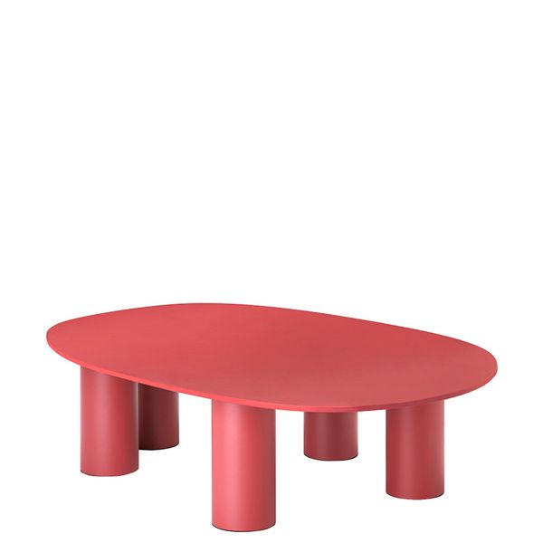 Mesa baja ovalada con patas de aluminio lacado y tablero laminado apto para exterior.