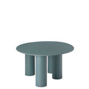 Mesa baja redonda con patas de aluminio lacado y tablero laminado apto para exterior.