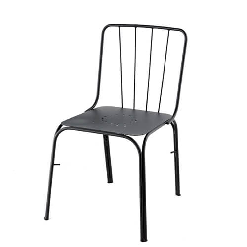 Silla metálica para hostelería LILLE SI. Estructura fabricada en tubo de acero de 14 mm de diámetro. Respaldo con varillas de acero del mismo espesor. Silla apta para uso exterior. Apilable. Disponibilidad de acabados (ver ficha técnica). Apta para restaurantes