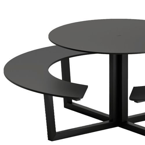 Mesa de picnic estructura en acero lacado con tablero y asientos en laminado (uso interior) o estructura en acero inoxidable con tablero y asientos en compacto fenólico (apto para exterior). La versión en compacto fenólico incluye orificio para sombrilla central