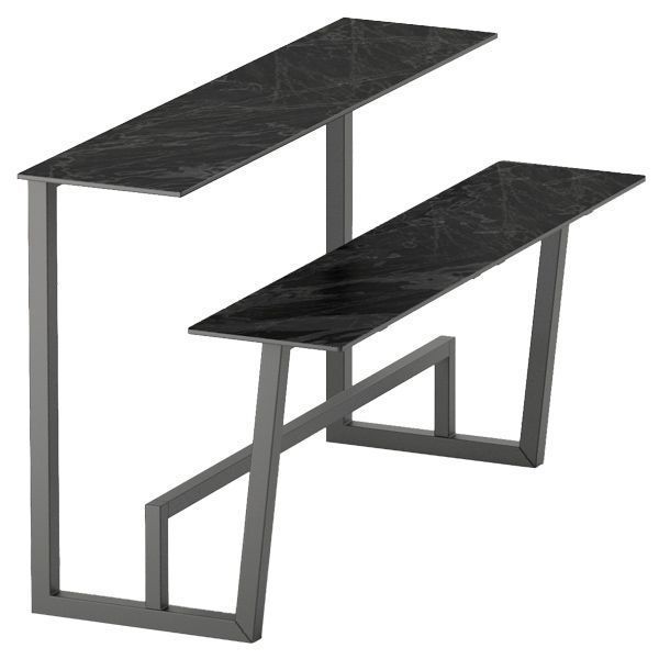 Mesa de alta de picnic con reposapiés estructura en acero lacado con tablero y asiento en laminado (uso interior) o estructura en acero inoxidable con tablero y asientos en compacto fenólico (apto para exterior).