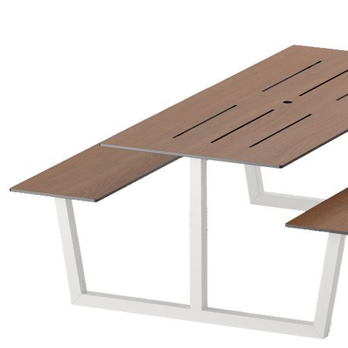 Mesa de picnic estructura en acero lacado con tablero y asientos en laminado (uso interior) o estructura en acero inoxidable con tablero y asientos en compacto fenólico (apto para exterior). La versión en compacto fenólico incluye orificio para sombrilla y ranuras para smatphones y tabletas.