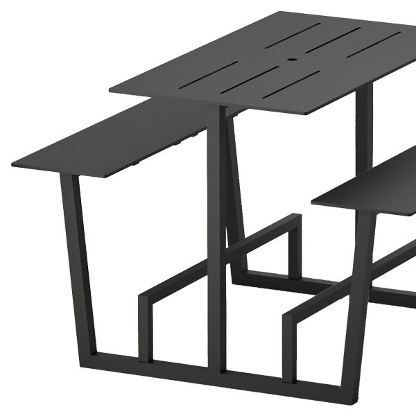 Mesa de alta de picnic con reposapiés estructura en acero lacado con tablero y asientos en laminado (uso interior) o estructura en acero inoxidable con tablero y asientos en compacto fenólico (apto para exterior).