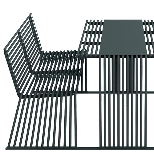 Mesa de picnic con asientos con respaldo estructura de acero recubierta de polvo de poliéster en diferentes colores apto para exterior. Placas de acero opcionales para unir entre sí los bancos y la mesa.