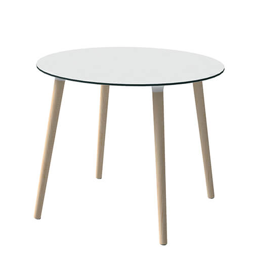 Mesa nórdica redonda para cafeterías y bares modernos. SANDONA es una mesa de hostelería perfecta para incluir en locales donde apuesten por la decoración escandinava. Este modelo cuenta con una estructura en madera de haya y una tapa de mesa en compacto. Presenta la posibilidad de fabricarse con tamaños de tablero diferentes