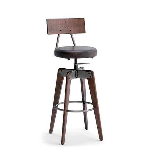 La colección TOBY de taburetes presentan un diseño robusto y estable muy característico del estilo industrial. TOBY TESS 2 TBG tiene respaldo en madera curvada unida al asiento a través de tubos de acero. El asiento es redondo
