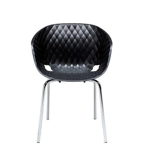 Sillón moderno UNIKA SB para restaurante. Un asiento para hostelería formado por una carcasa de plástico o polipropileno y una estructura apilable lacada o cromada. Apto para uso exterior.