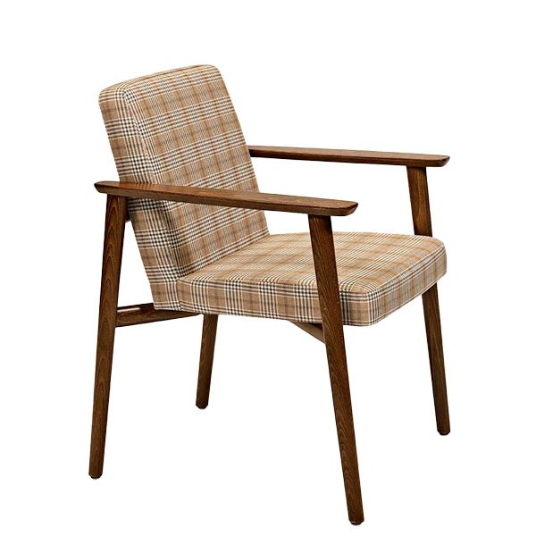Sillón estructura en madera de haya teñida en color a elegir con asiento y respaldo tapizado en tela o polipiel.
