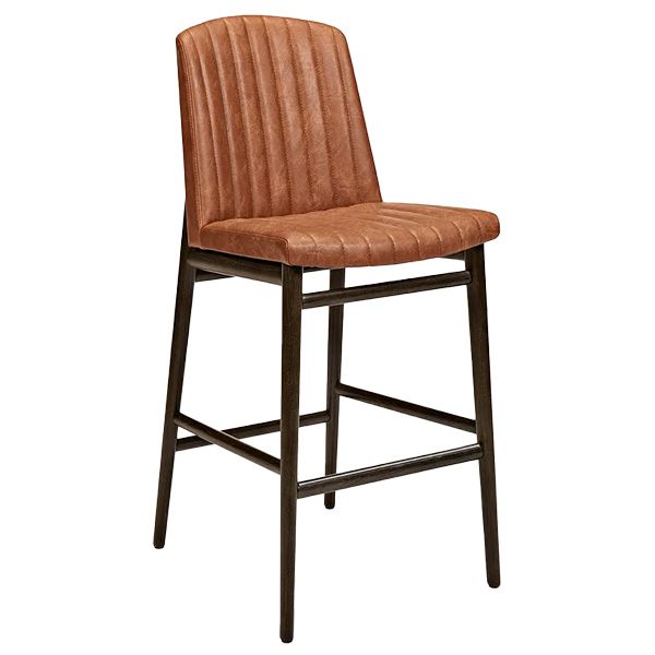Taburete alto estructura en madera de haya teñida en color a elegir con asiento y respaldo tapizado en tela o polipiel.