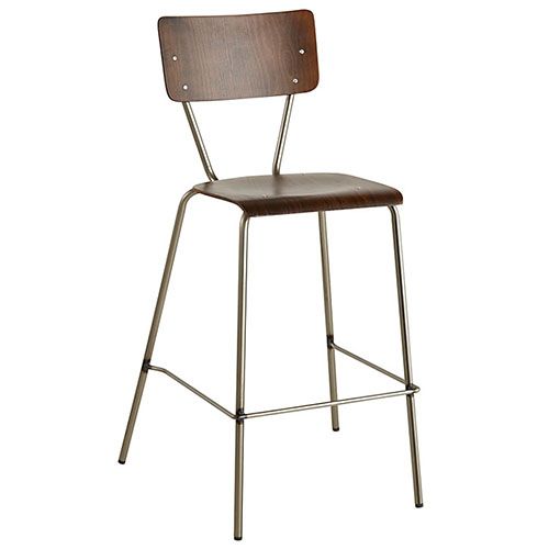 Taburete alto estructura en tubo de acero natural o lacado con asiento y respaldo en madera envejecida.