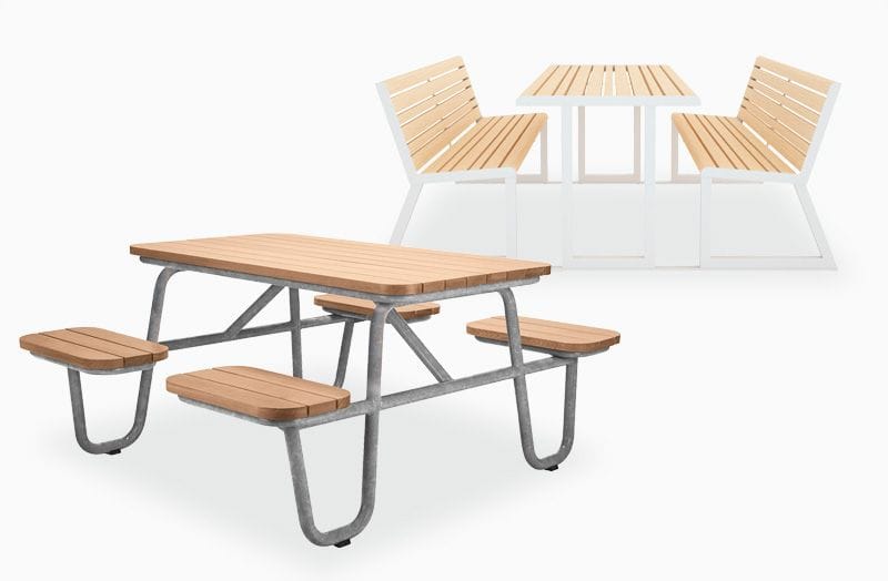 Mesas picnic de madera para hostelería y espacios públicos al exterior