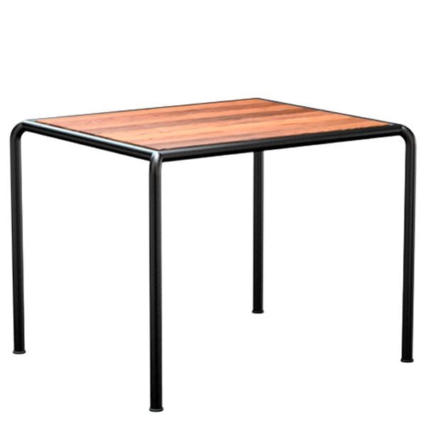 Mesa de exterior de metal con tablero en madera