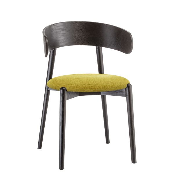 Sillón de madera tapizada con respaldo envolvente para hostelería