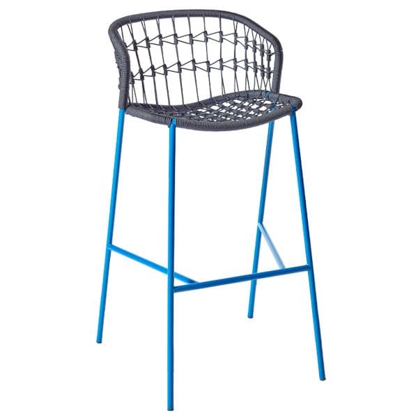Taburete metálico con asiento y respaldo en cuerda para terrazas