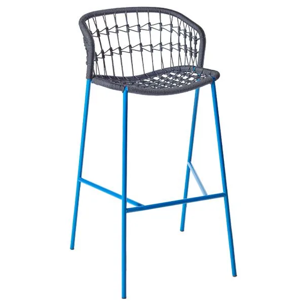 Taburete metálico con asiento y respaldo en cuerda para terrazas