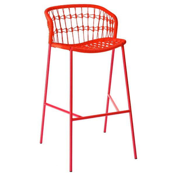 Taburete metálico con asiento y respaldo en cuerda para terrazas