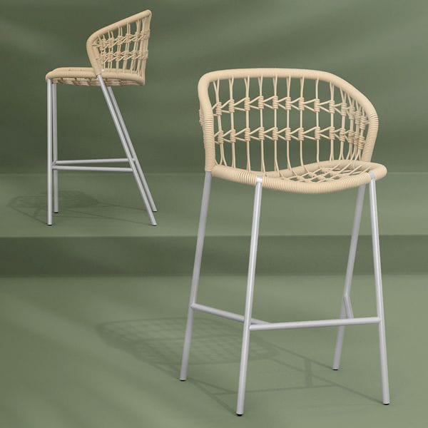 Taburete metálico con asiento y respaldo en cuerda para terrazas