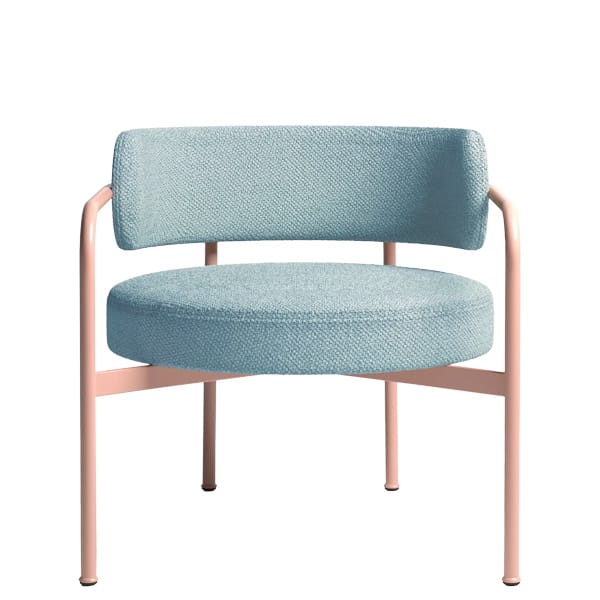 Sillón bajo tapizado estilo moderno y minimalista para restaurantes y hoteles. Asiento y respaldo tapizado con formas redondeadas y suaves para proyectos de hostelería.