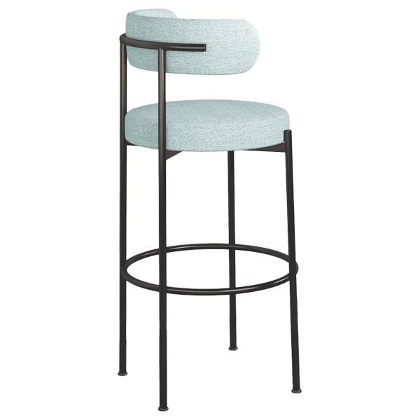 Banqueta o Taburete alto moderno y minimalista para restaurantes y hoteles. Asiento y respaldo tapizado con formas redondeadas y suaves para proyectos de hostelería.