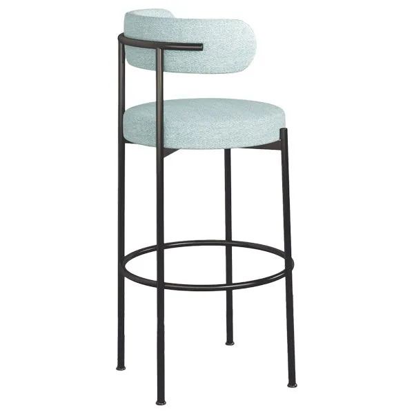 Banqueta o Taburete alto moderno y minimalista para restaurantes y hoteles. Asiento y respaldo tapizado con formas redondeadas y suaves para proyectos de hostelería.