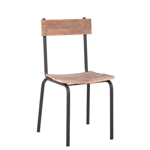 Silla estructura de metal con asiento y respaldo en madera efecto envejecido.