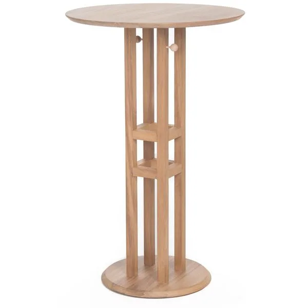 Mesa alta redonda en madera de Iroko para terrazas de cafeterías