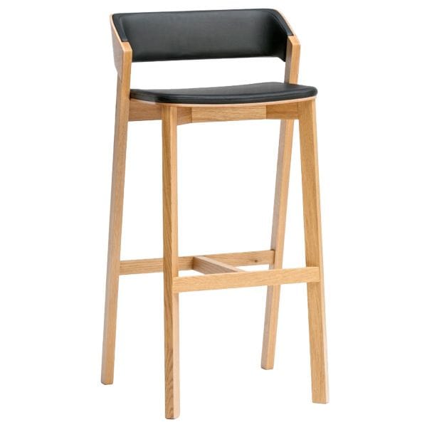 Taburete de madera con asiento y respaldo tapizado para cafeterías
