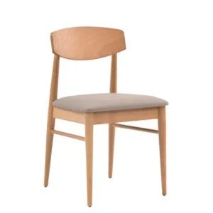 Silla de haya barnizada con respaldo curvado y asiento tapizado