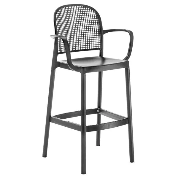 Taburete de plástico con respaldo y brazos para bares y cafeterías