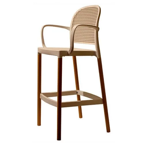 Taburete de plástico y madera con respaldo y brazos para bares