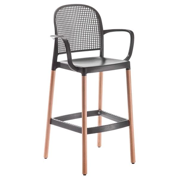 Taburete de plástico y madera con respaldo y brazos para bares