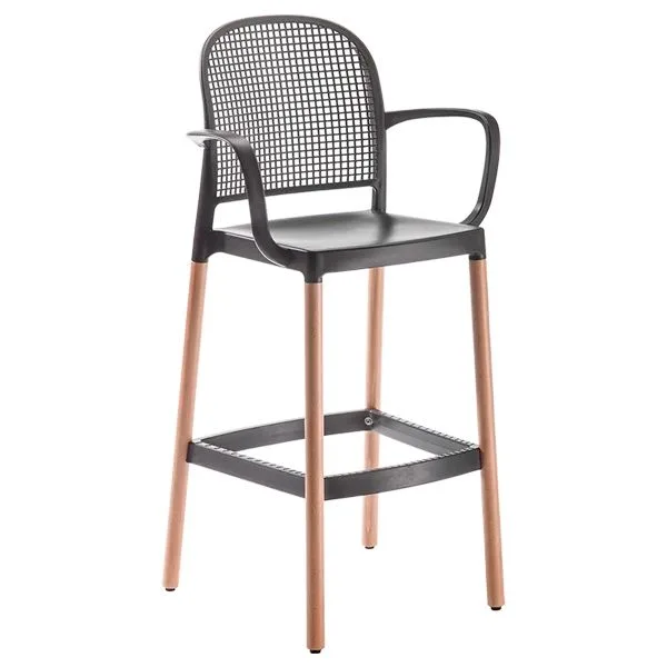 Taburete de plástico y madera con respaldo y brazos para bares