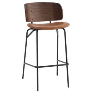 Taburete metalico Julieta con asiento tapizado y respaldo de madera para hosteleria