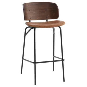 Taburete metalico Julieta con asiento tapizado y respaldo de madera para hosteleria