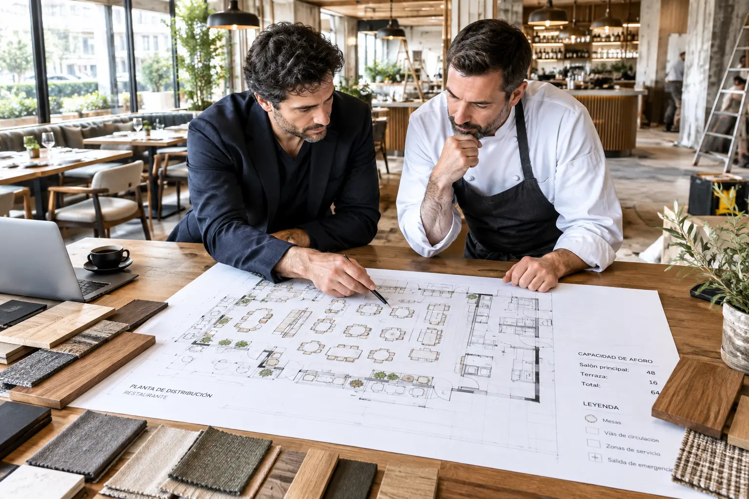 Un diseñador de interiores profesional y el propietario de un restaurante colaboran Ingenia `Contract