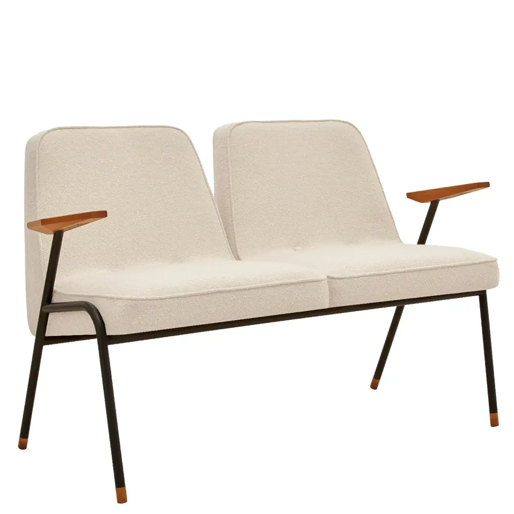 bancada sofa banco tapizado estructura en tubo de metal negro tapizado beige para zonas de espera y hoteles escorzo