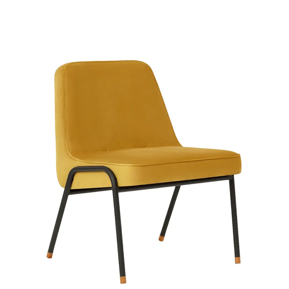 butaca tapizada color amarillo con patas en tubo metalico negro