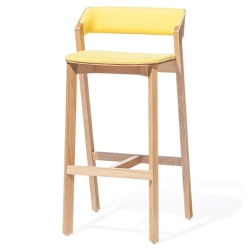 Taburete de madera con asiento y respaldo tapizado para cafeterías