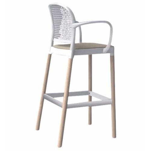 Taburete de plástico y madera con respaldo y brazos para bares
