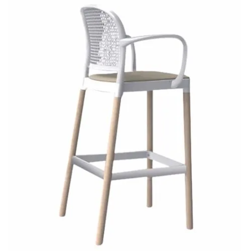 Taburete de plástico y madera con respaldo y brazos para bares