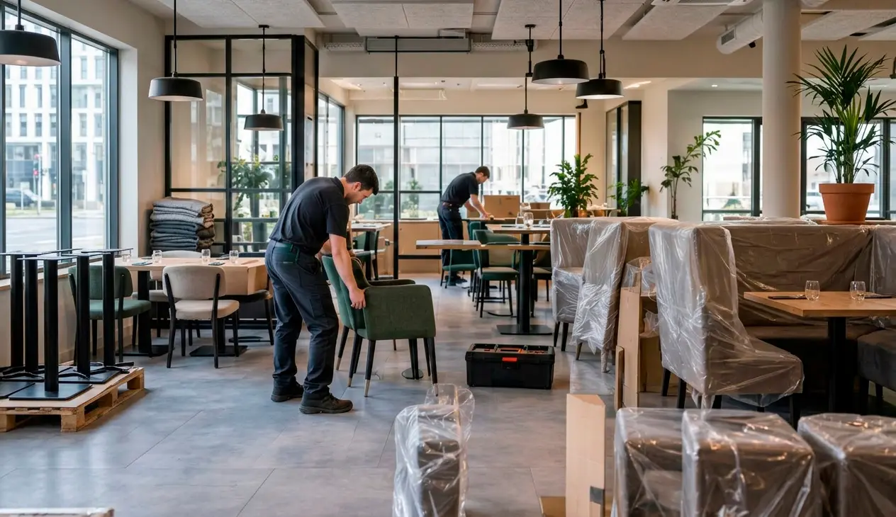 chicos montadores montando mesas sillas bancadas en un restaurante cafeteria bar antes de abrir - Ingenia Contract