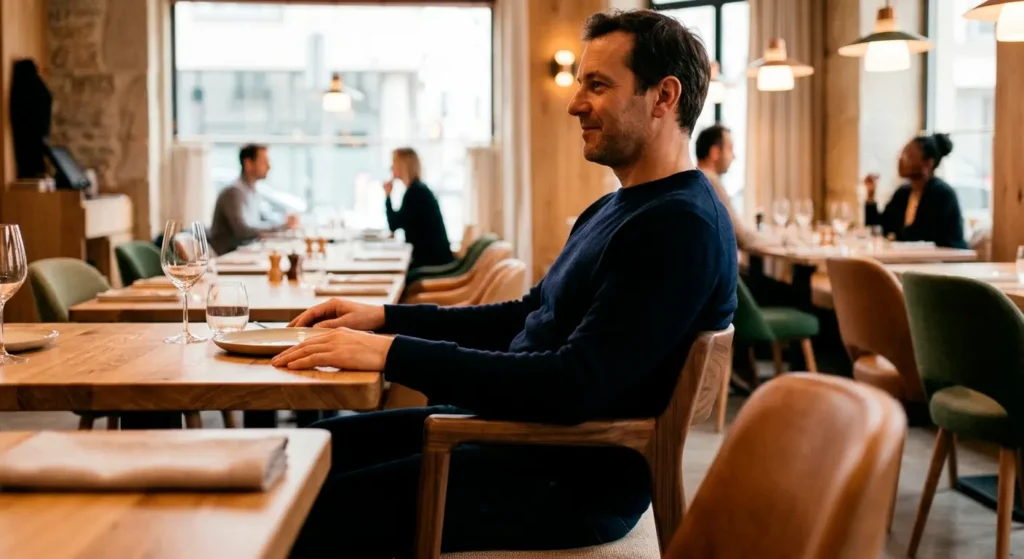 Cliente sentado en silla ergonómica en una mesa de restaurante