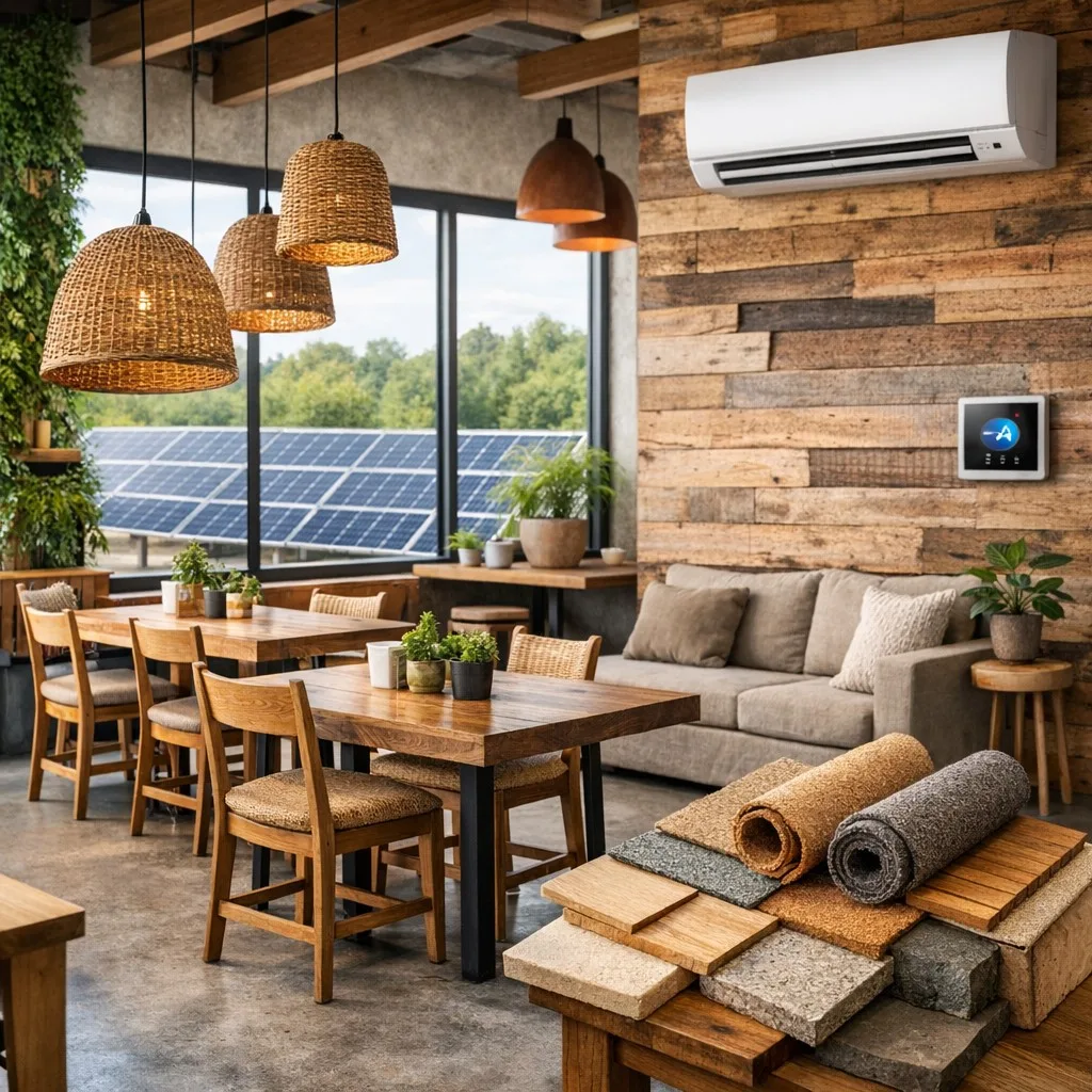 Restaurante con diseño sostenible: muebles de madera, iluminación cálida, plantas y paneles solares, destacando elementos ecológicos en el interior.