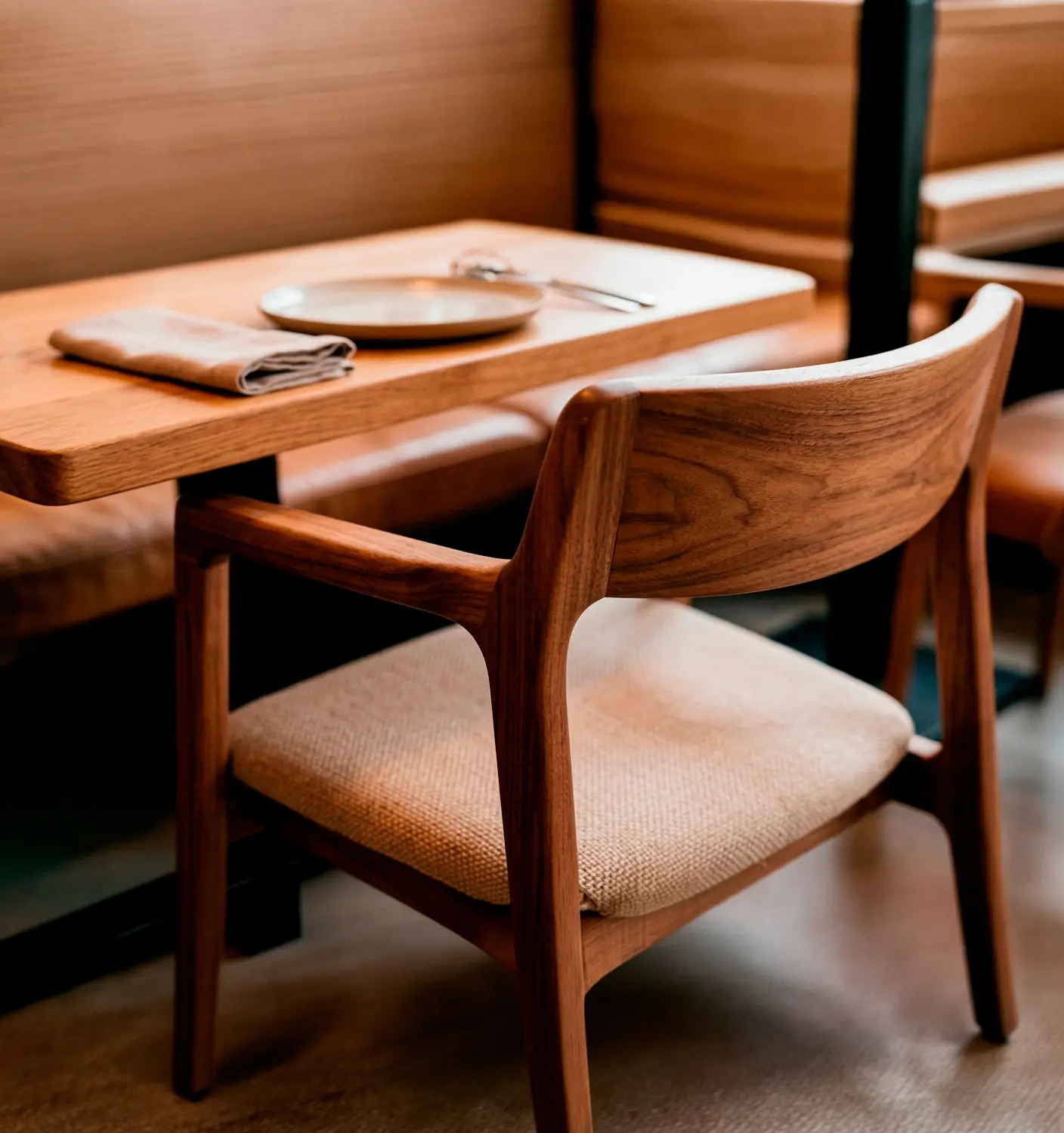 Detalle de silla de madera maciza con acabado artesanal en restaurante
